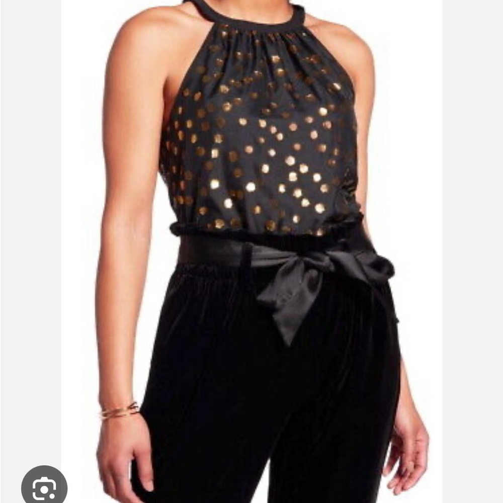 Halogen metallic clip dot halter top with tie at neck. Size XS